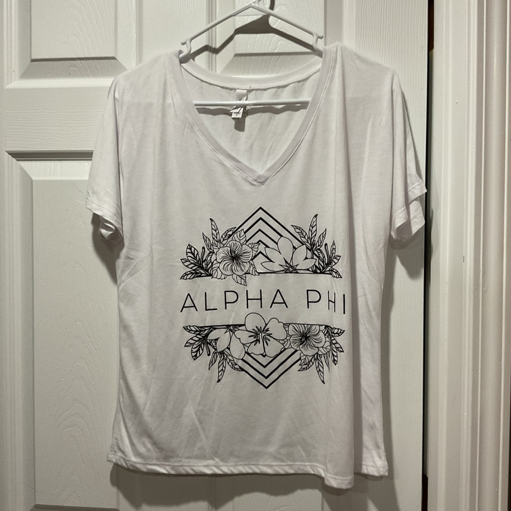 ALPHA PHI Sorority V-neck T-Shirt white with black floral design & block letters